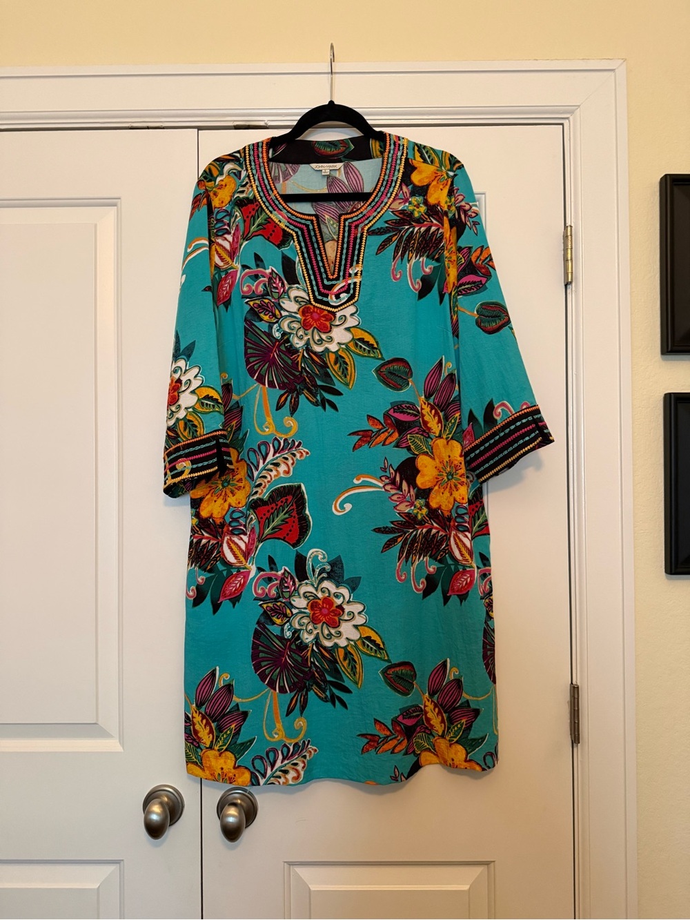 John Mark Teal Floral Tunic Dress with Yellow and Pink Accents